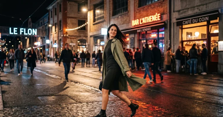 Femme marchant de nuit dans le quartier du Flon à Lausanne